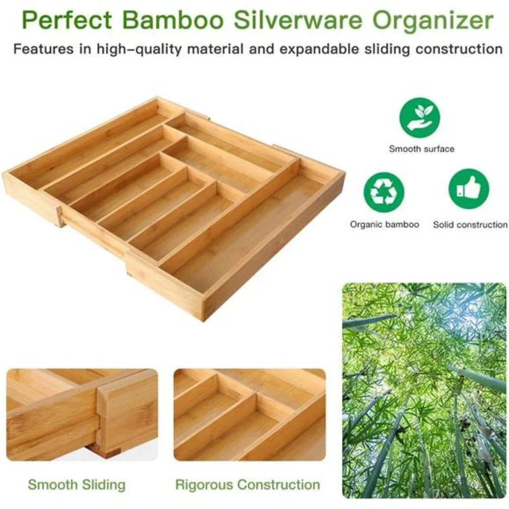Bamboo Expandable Drawer Organizer for Utensils Holder, Adjustable Cutlery Tray